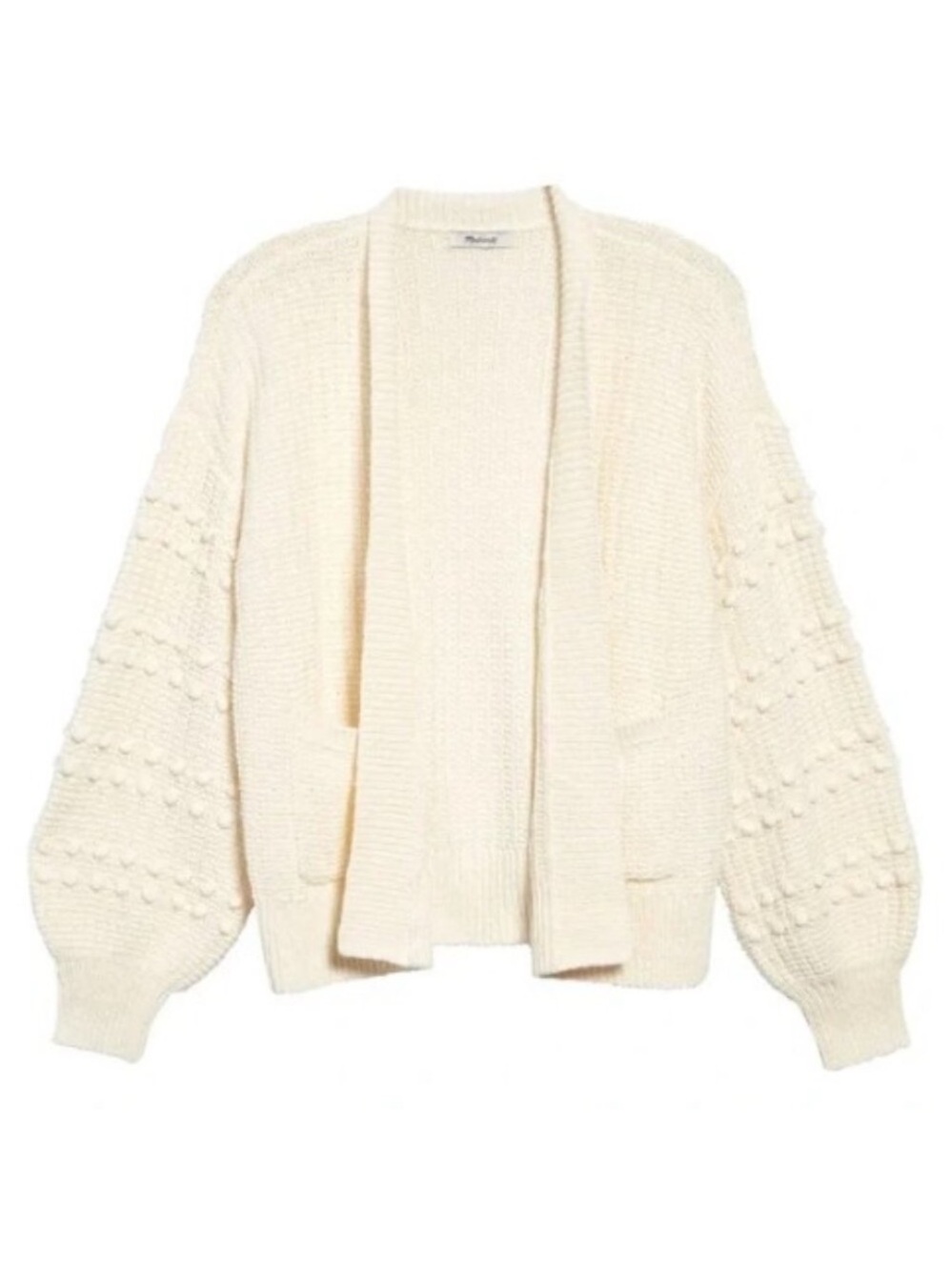 Madewell Bobble Cardigan Sweater Cream Knit Textured PomPom Bell Sleeve, Size S